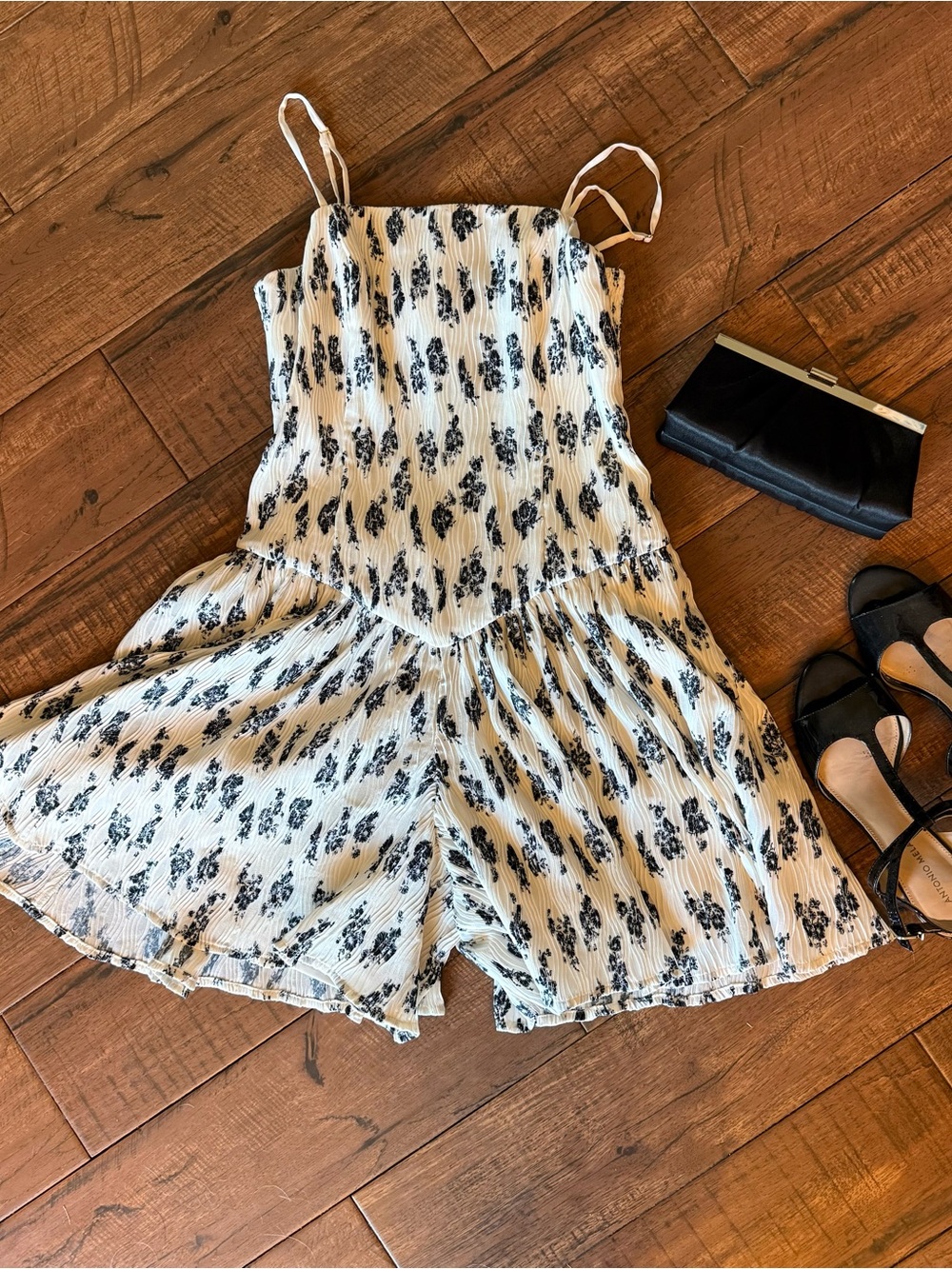 Hutch Drop Waist Romper Flowy Smocked Mini Romper in Black + Cream